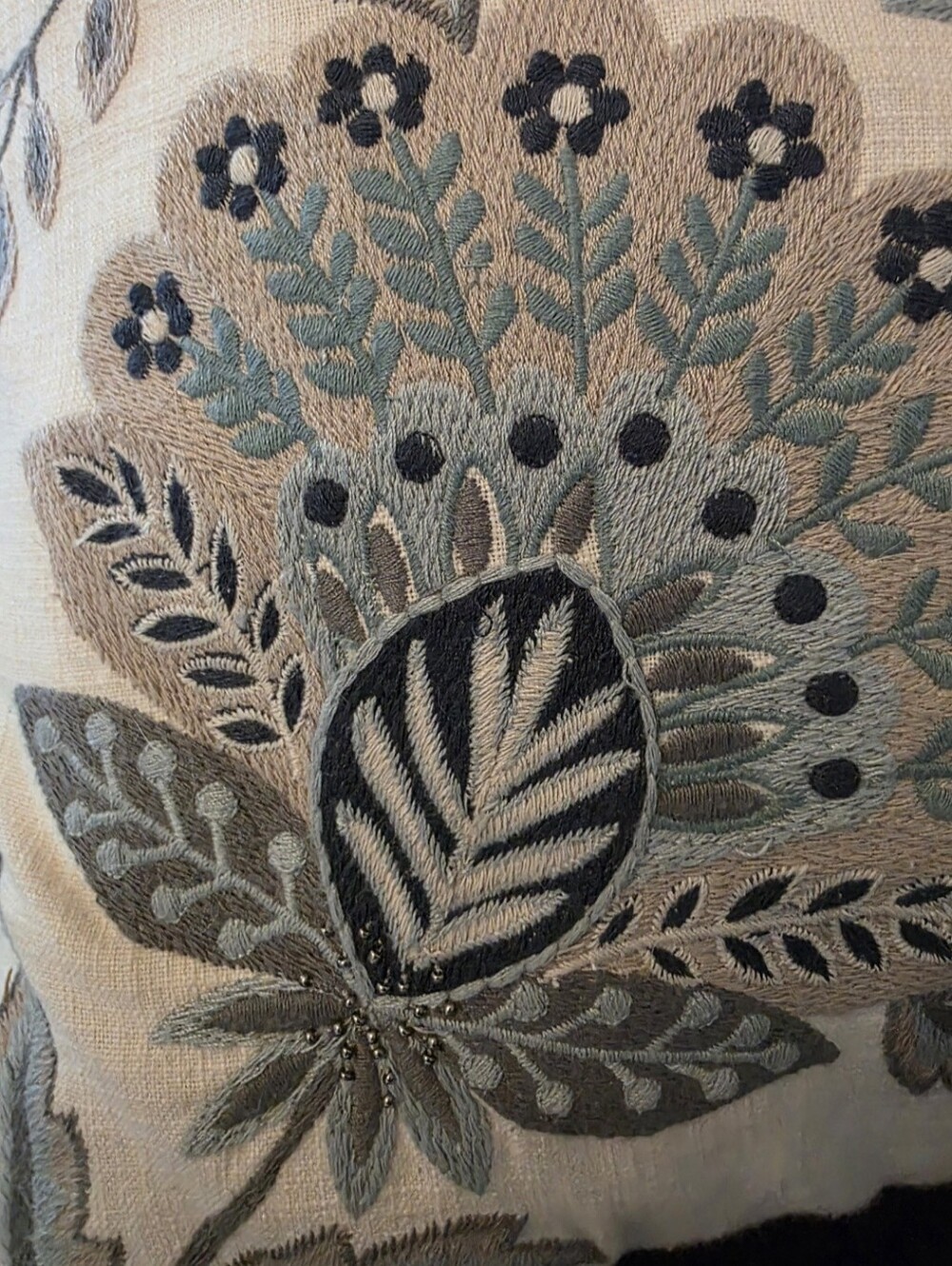 Barely Used Beaded Embroidered Floral Accent Pillow in Light Blue and Oatmeal - Picture 5 of 9